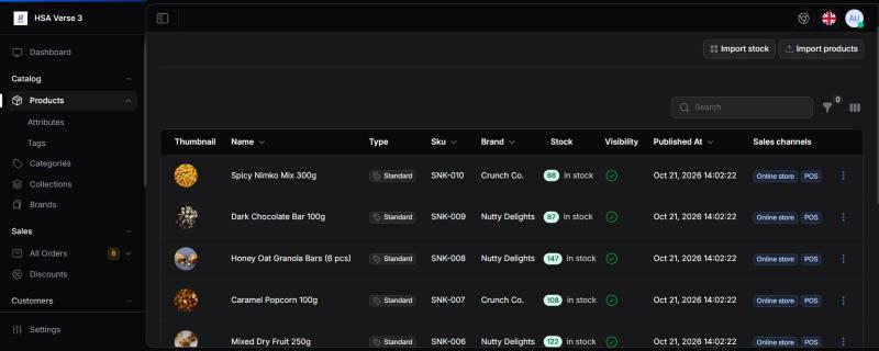 Admin: products list mein Sales channels column (Online store, POS)