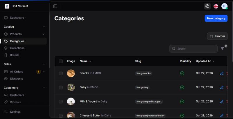 Admin: Catalog › Categories, Reorder aur Visibility ke saath