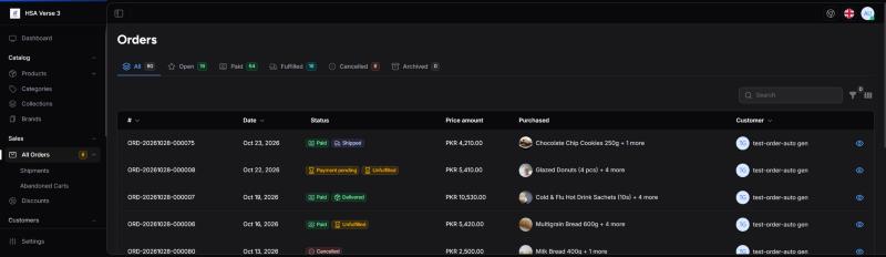 Admin: All Orders, tabs: Open, Paid, Fulfilled, Cancelled