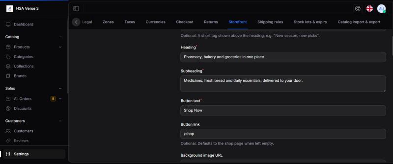 Admin: hero ke fields (Heading, Subheading, Button text, Button link)