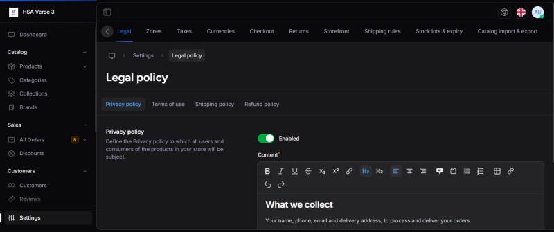 Admin: Settings › Legal, har policy ka alag tab aur Enabled switch