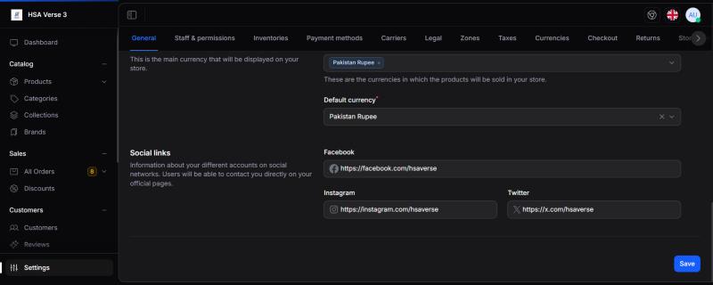Admin: Settings › General › Social links