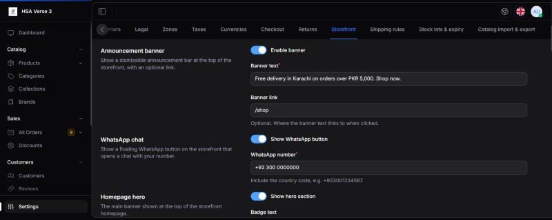 Admin: Settings › Storefront › Announcement banner (Enable banner, Banner text, Banner link)