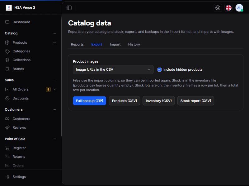 Export tab: images ka option, Include hidden products aur chaar export buttons.