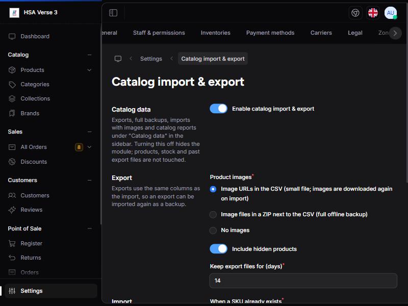 Settings › Catalog import & export: main switch aur export ke defaults.