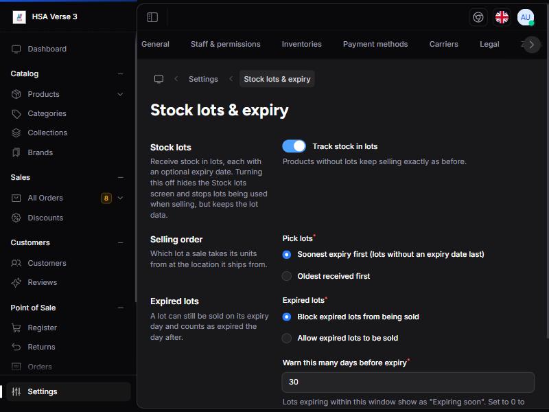 Stock lots and expiry settings