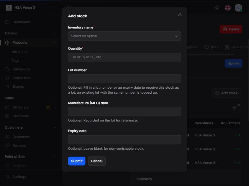 Add stock pop-up, lot fields ke saath