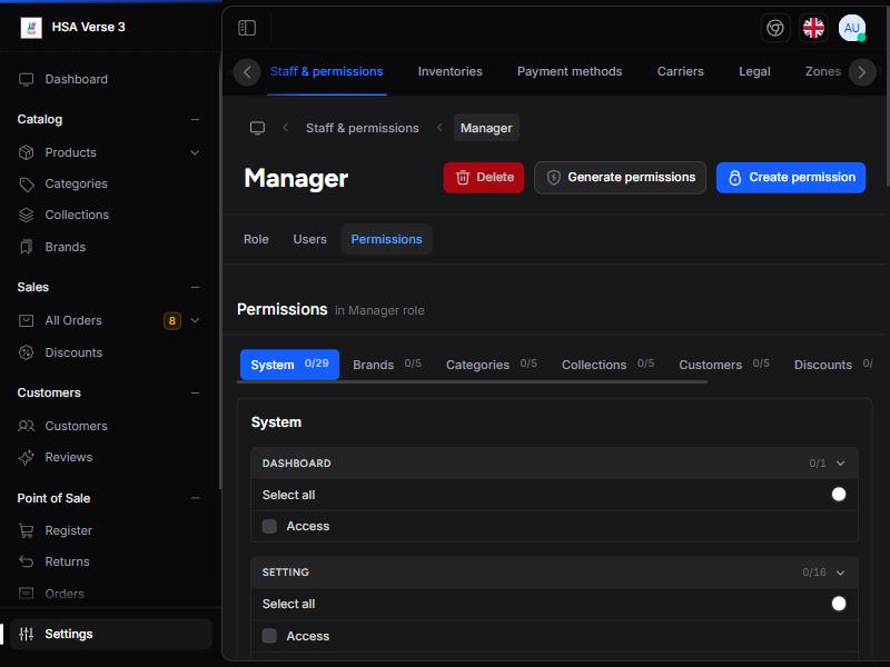 Role permissions screen