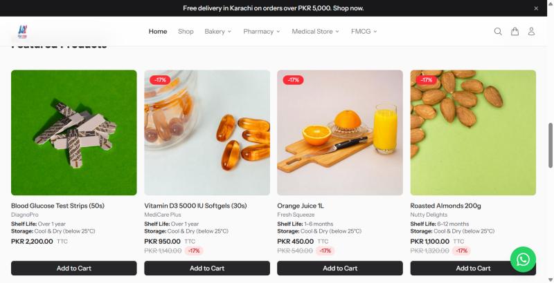Featured product cards, price, discount aur attributes
